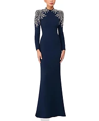 Jenny Packham Cobra Embellished-Shoulders Mock-Neck Maxi Dress