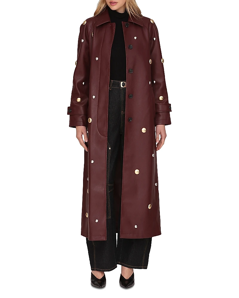 Avec Les Filles Studded Faux Ever Leather Belted Trench Coat