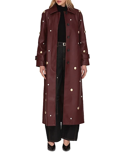 Avec Les Filles Studded Faux Ever Leather Belted Trench Coat