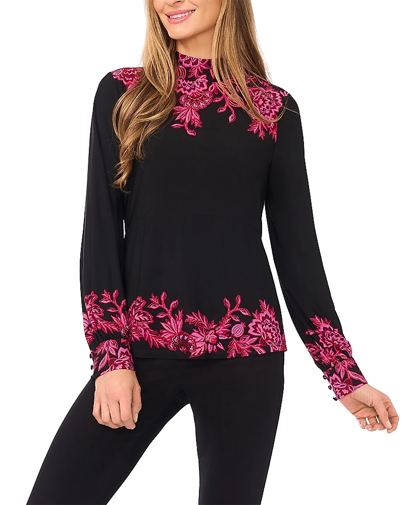 CeCe Border Print Mock Neck Top