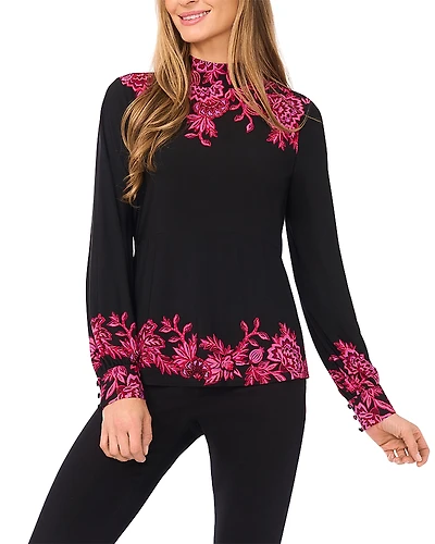 CeCe Border Print Mock Neck Top