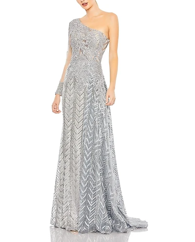 Mac Duggal Asymmetric Hand-Beaded Mesh Dress