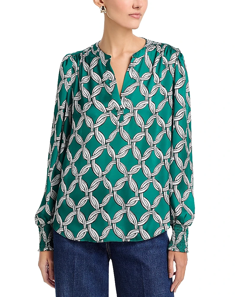 T Tahari Long Sleeved Split Neck Blouse With Smocked Cuffs