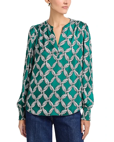 T Tahari Long Sleeved Split Neck Blouse With Smocked Cuffs