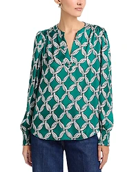 T Tahari Long Sleeved Split Neck Blouse With Smocked Cuffs