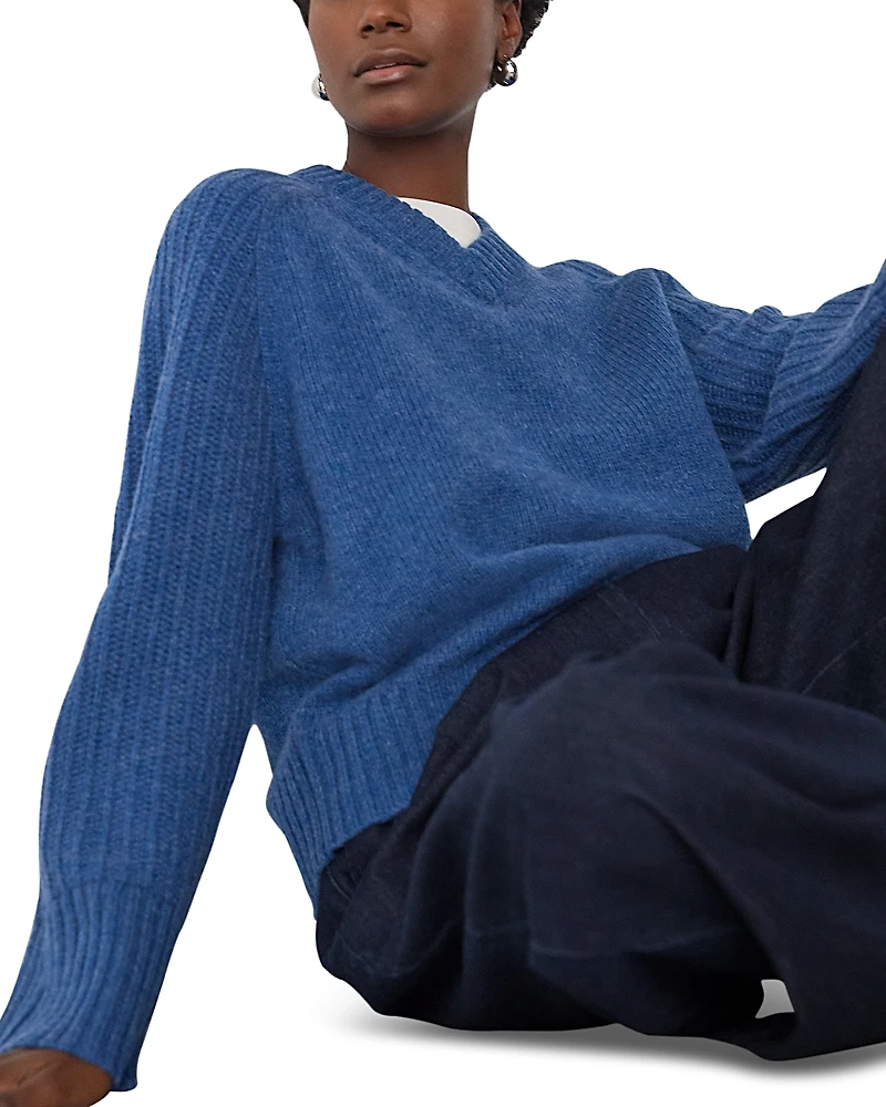 Whistles Wool Ribbed Sleeve V Neck Knit Sweater