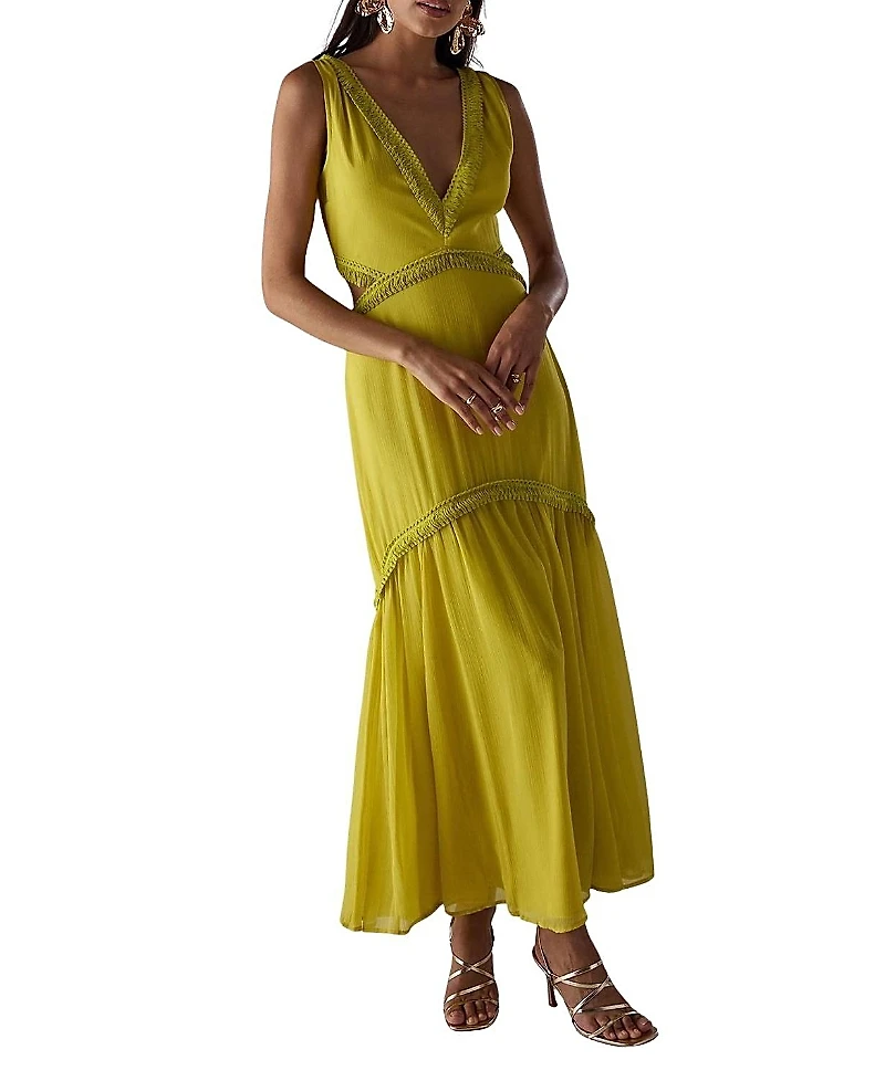 Warehouse Chiffon Fringe Trim Cut Out Maxi Dress