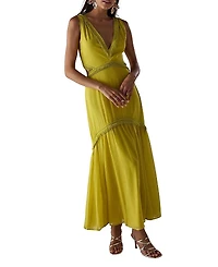 Warehouse Chiffon Fringe Trim Cut Out Maxi Dress