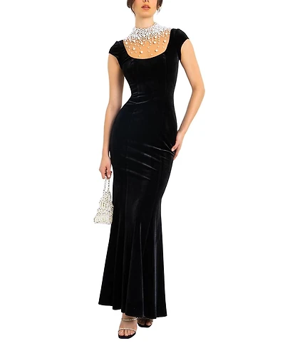Miss Circle Rachael Velvet Faux Pearl Embellished Gown