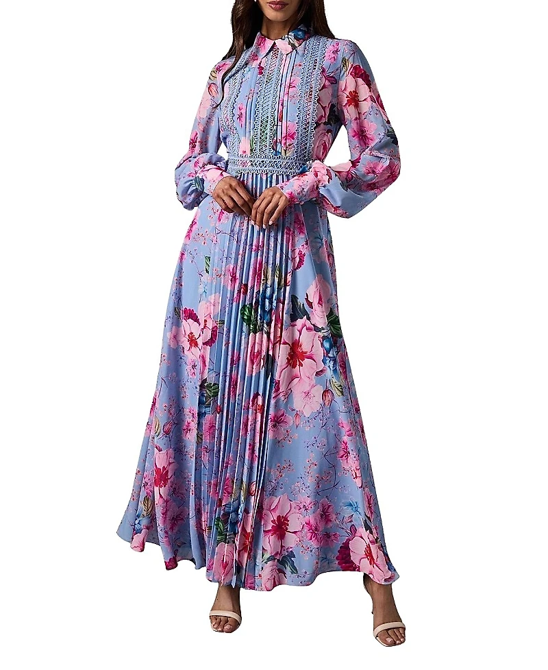 Coast Pleated Lace Trim Long Sleeve Midi Dress