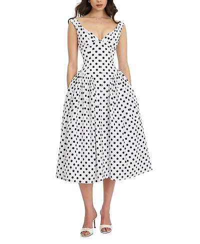 Miss Circle Rahma Polka Dot Drop Waist Midi Cotton Poplin Dress