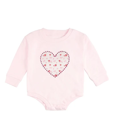 Sweet Wink Girls' Dainty Rose Faux Pearl Heart Patch Long Sleeve Romper - Baby