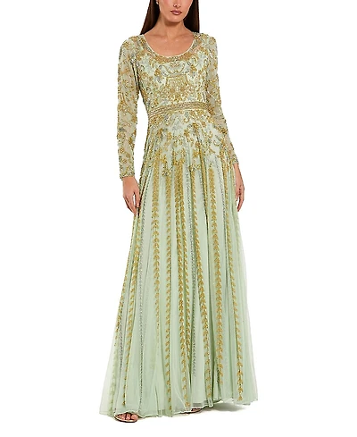 Mac Duggal Beaded Mesh Long Sleeve Scoop Neck A Line Gown