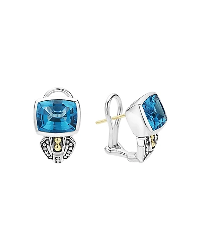 Lagos 18K Gold and Sterling Silver Rittenhouse Stud Huggie Drop Earrings with Swiss Blue Topaz