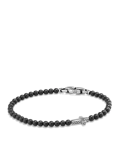 Men's Spiritual Beads Cross Station Bracelet Sterling Silver with Black Onyx, 4mm