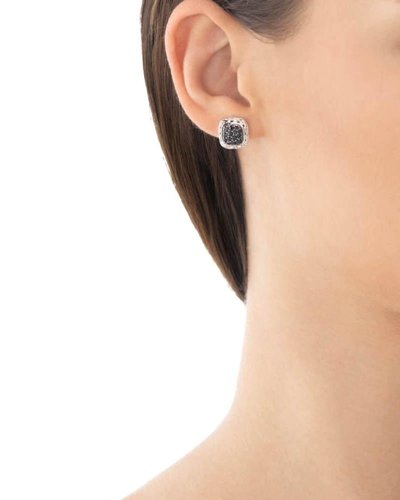 Small Square Stud Earrings with Black Sapphire