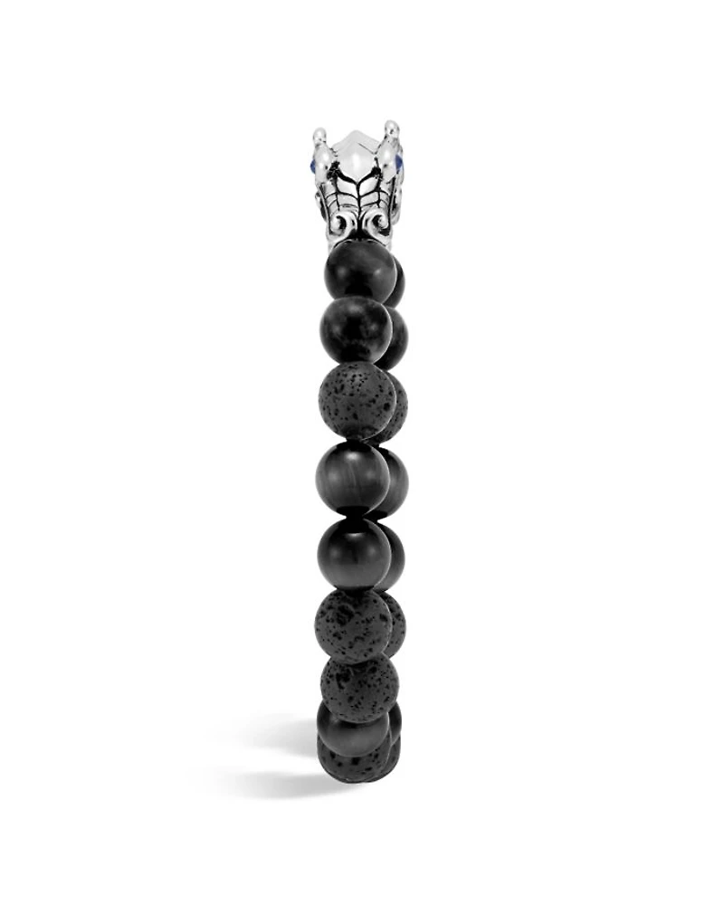 Men's Sterling Silver Legends Naga Black Volcanic Rock Beaded Bracelet with Sapphire Eyes
