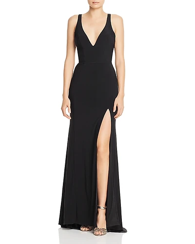 Mac Duggal Plunge Neck High Slit Gown