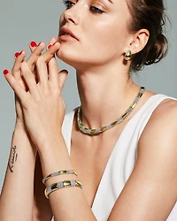 18K Yellow Gold & Sterling Silver High Bar Station Bangle Bracelet