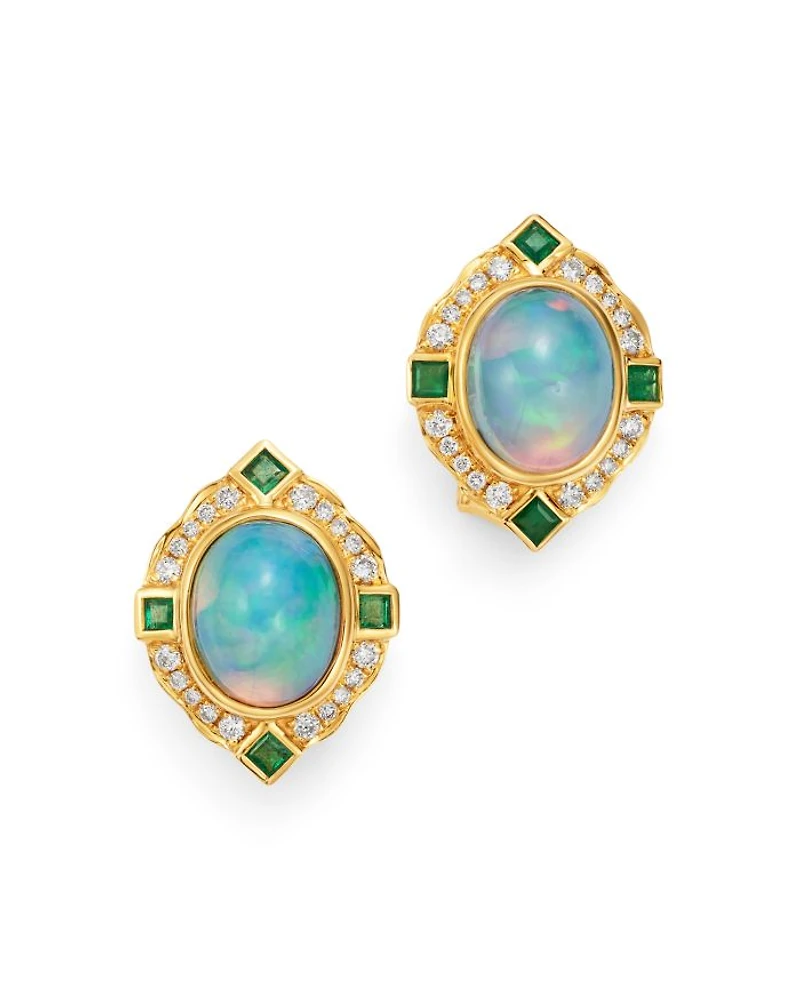 Ethiopian Opal, Emerald & Diamond Earrings in 14K Yellow Gold