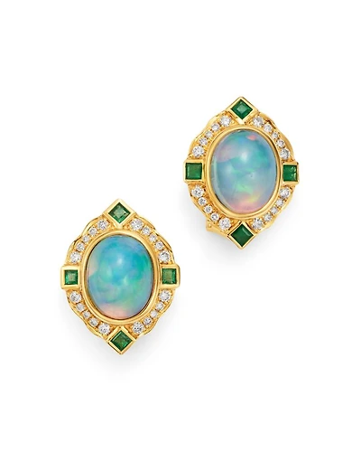 Ethiopian Opal, Emerald & Diamond Earrings in 14K Yellow Gold