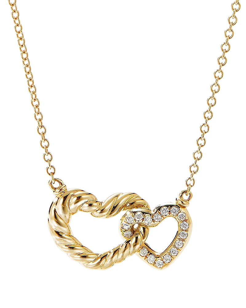 David Yurman Cable Double Heart Pendant Necklace with 18K Yellow Gold with Pave Diamonds, 18