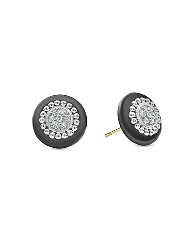 Lagos Sterling Silver Diamond & Black Ceramic Stud Earrings