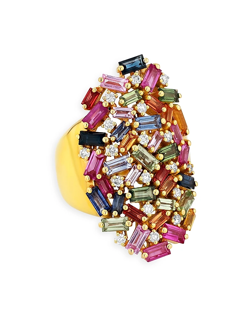 Suzanne Kalan 18K Yellow Gold Fireworks Pastel Rainbow Sapphire & Diamond Cluster Ring