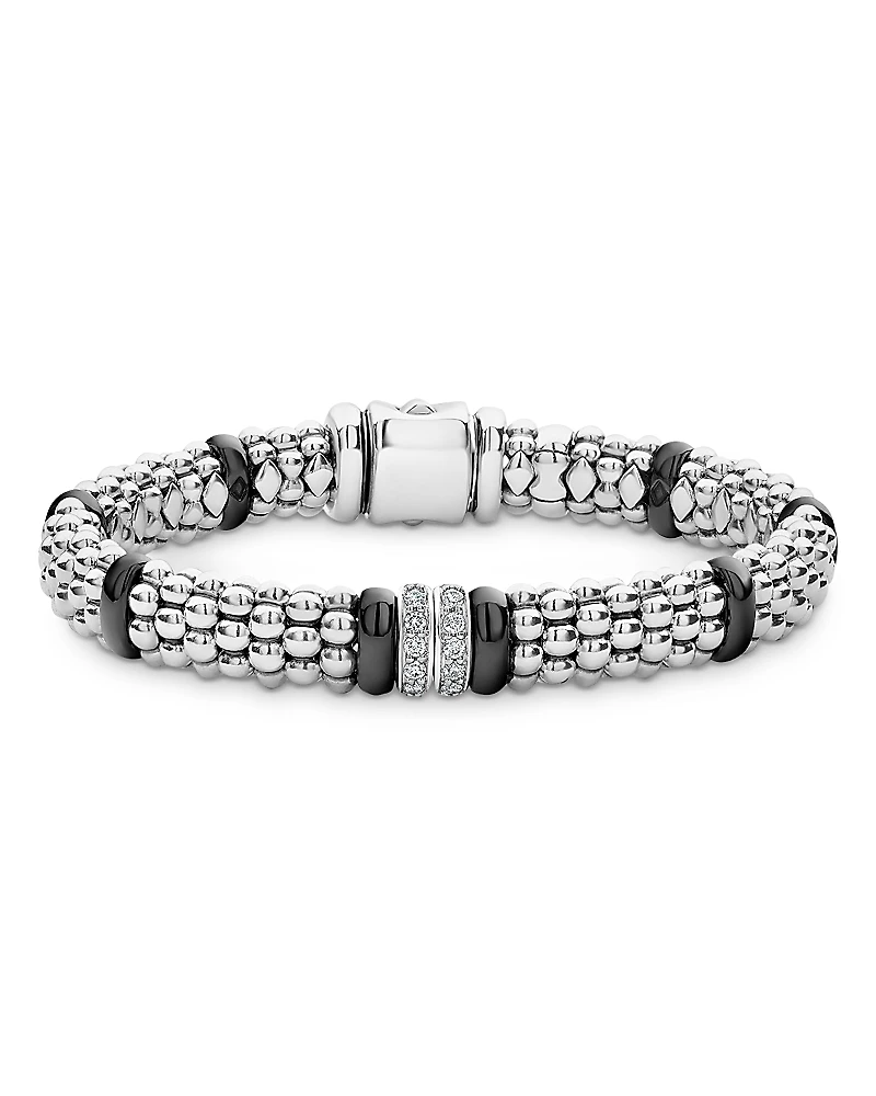 Lagos Sterling Silver & Ceramic Caviar Beaded Diamond Station Bracelet