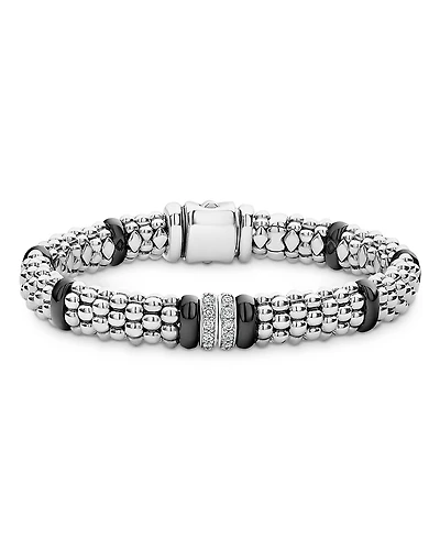 Lagos Sterling Silver & Ceramic Caviar Beaded Diamond Station Bracelet