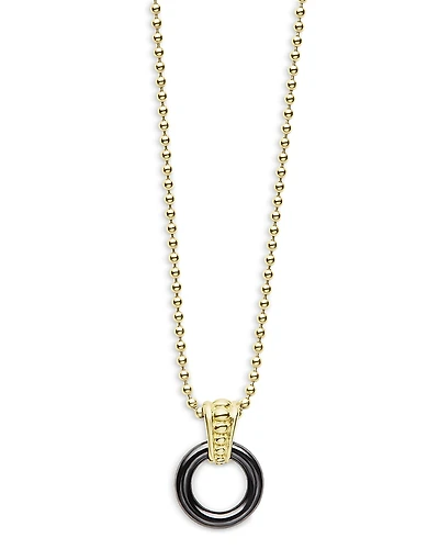 Lagos Meridian 18K Yellow Gold Black Caviar Ceramic 9mm Circle Pendant Necklace, 18