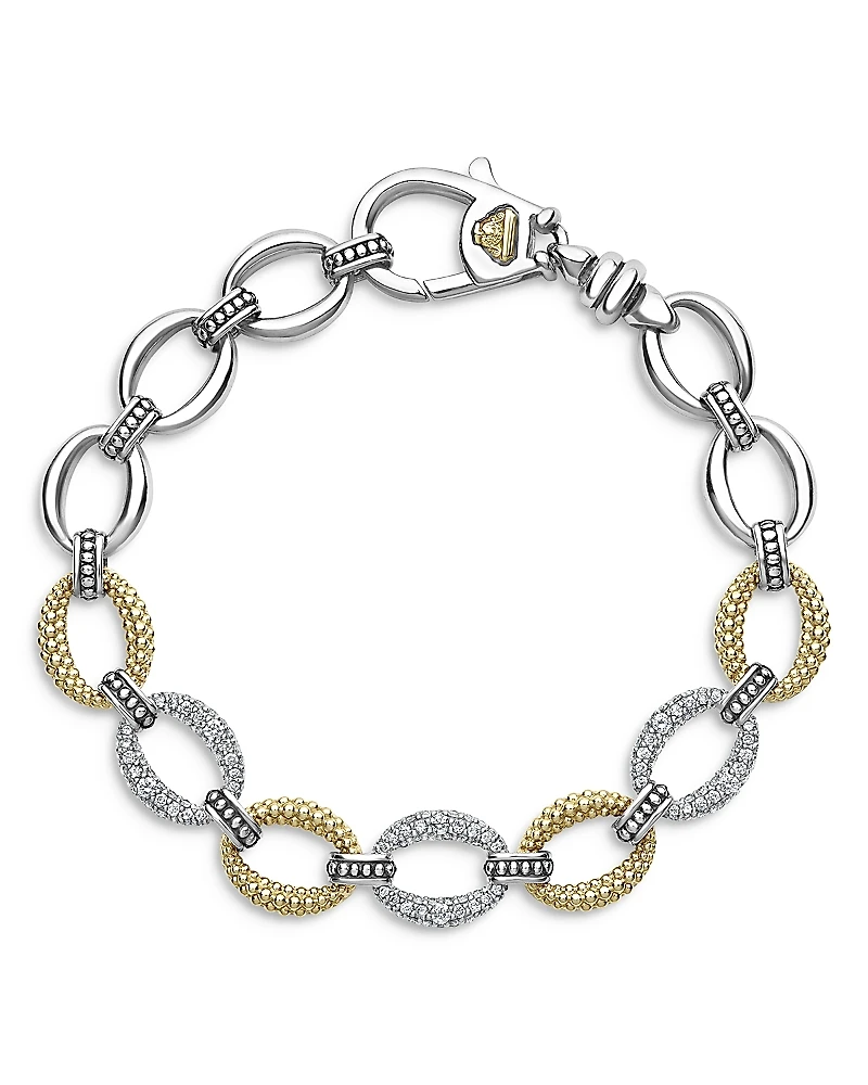 Lagos Stainless Steel & 18K Yellow Gold Caviar Luxe Diamond Link Bracelet
