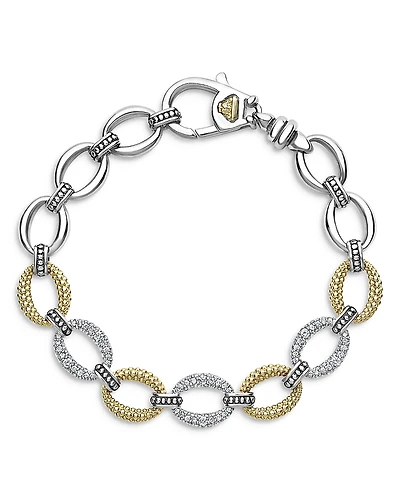 Lagos Stainless Steel & 18K Yellow Gold Caviar Luxe Diamond Link Bracelet