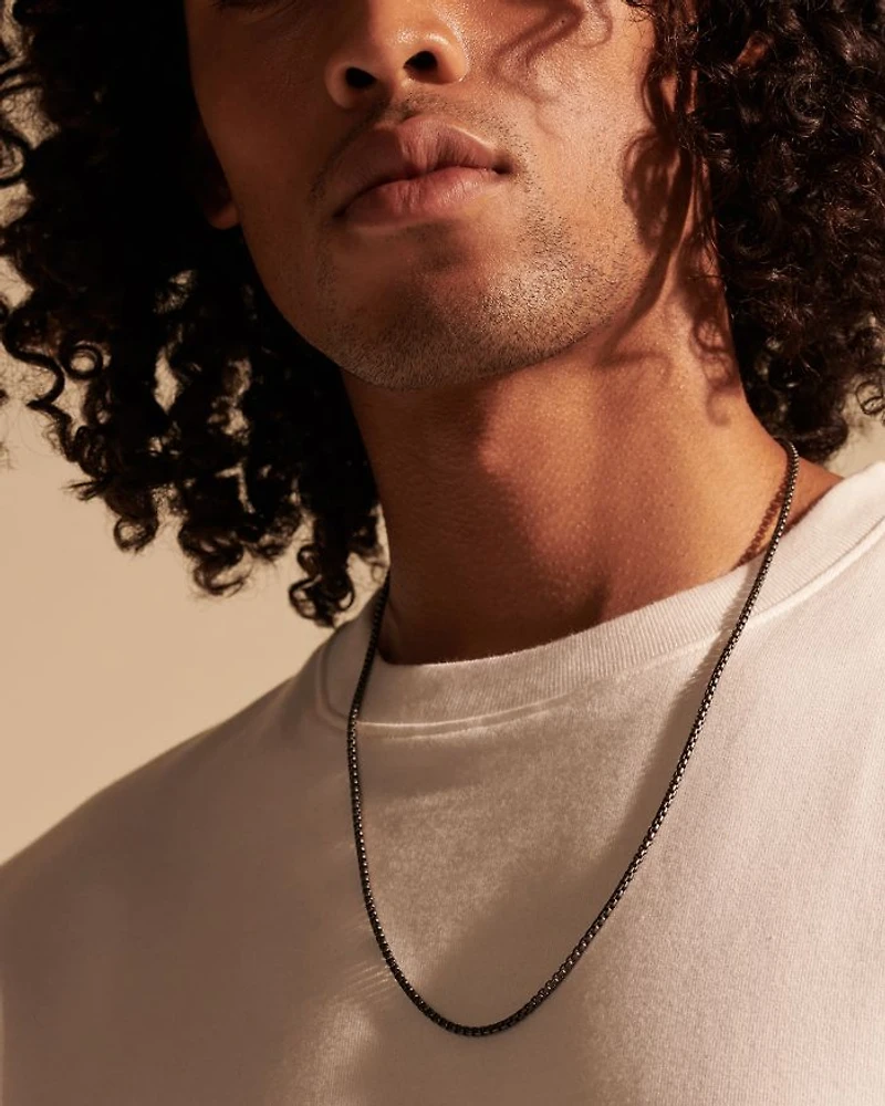 Men's Classic Chain Silver 2.7mm Box Chain Necklace with Satin Matte Black Rhodium, 24"