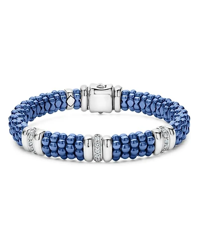 18K Yellow Gold & Sterling Silver Diamond Rondelle & Ultramarine Ceramic Caviar Bead Statement Bracelet