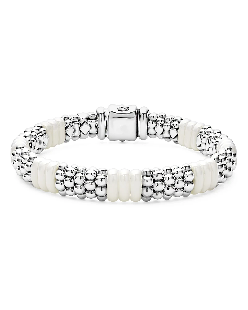 Lagos 18K Yellow Gold & Sterling Silver White Ceramic Rondelle & Caviar Bead Statement Bracelet