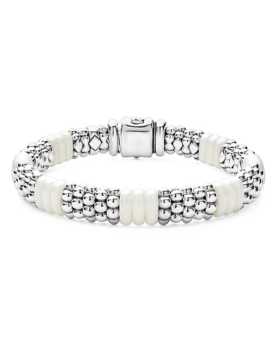 Lagos 18K Yellow Gold & Sterling Silver White Ceramic Rondelle & Caviar Bead Statement Bracelet