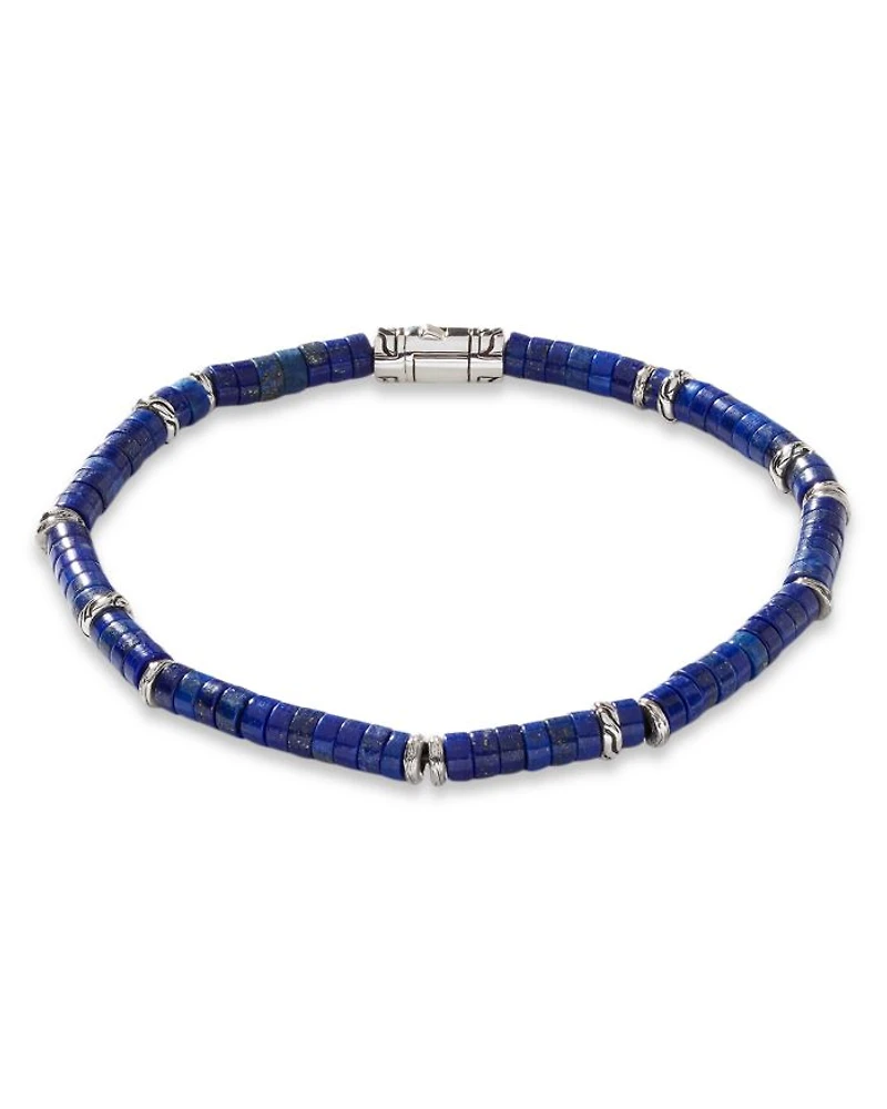 Men's Sterling Silver Classic Chain Lapis Lazuli Bead Heishi Bracelet