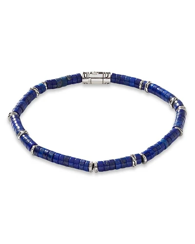 Men's Sterling Silver Classic Chain Lapis Lazuli Bead Heishi Bracelet