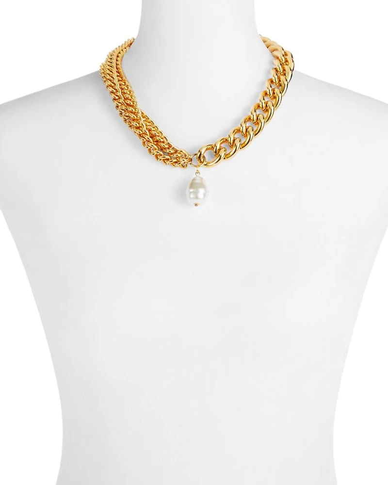 Imitation Pearl Chain Link Pendant Necklace in Gold Tone, 18"