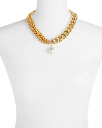 Imitation Pearl Chain Link Pendant Necklace in Gold Tone, 18"