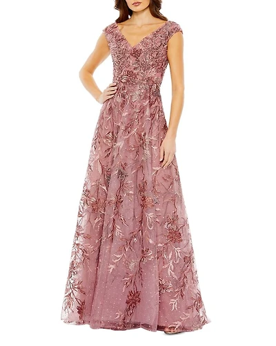 Embroidered Illusion Cap Sleeve A Line Gown