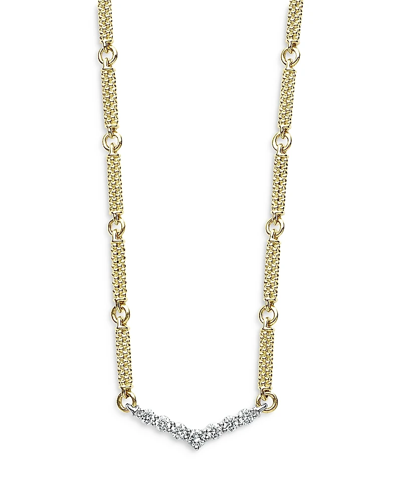 Lagos 18K White & Yellow Gold Signature Caviar Diamond Chevron Bead Link Statement Necklace, 16-18