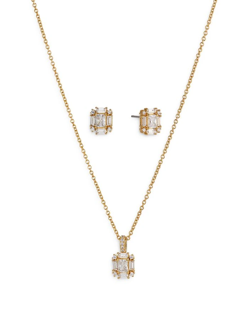 Bridesmaids Emerald Shape Cubic Zirconia Halo Stud Earrings & Pendant Necklace Set