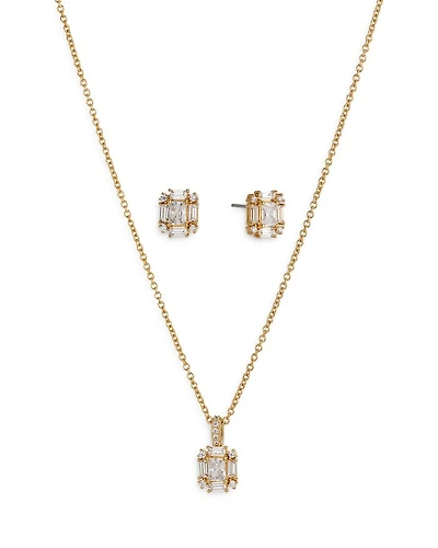 Bridesmaids Emerald Shape Cubic Zirconia Halo Stud Earrings & Pendant Necklace Set