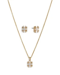 Bridesmaids Emerald Shape Cubic Zirconia Halo Stud Earrings & Pendant Necklace Set