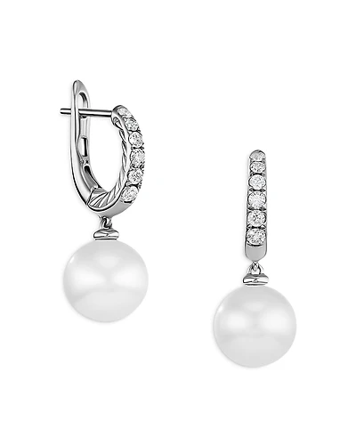 David Yurman Sterling Silver Pearl Cultured Freshwater Pearl & Diamond Dangle Huggie Hoop Earrings