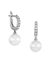 David Yurman Sterling Silver Pearl Cultured Freshwater Pearl & Diamond Dangle Huggie Hoop Earrings