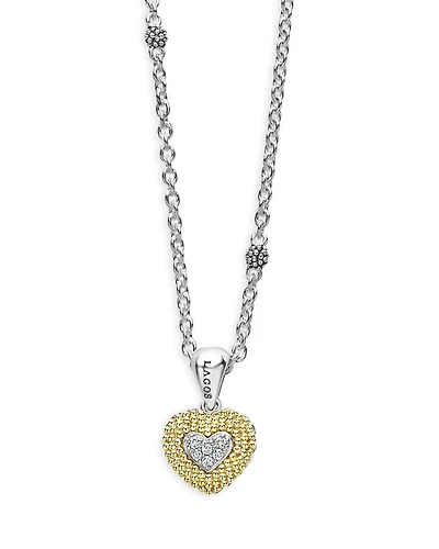 18K Yellow Gold & Sterling Silver Caviar Lux Diamond Heart Pendant Necklace, 16"