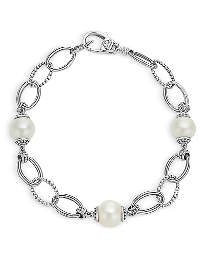 Lagos Sterling Silver Luna Caviar Cultured Freshwater Pearl Link Bracelet